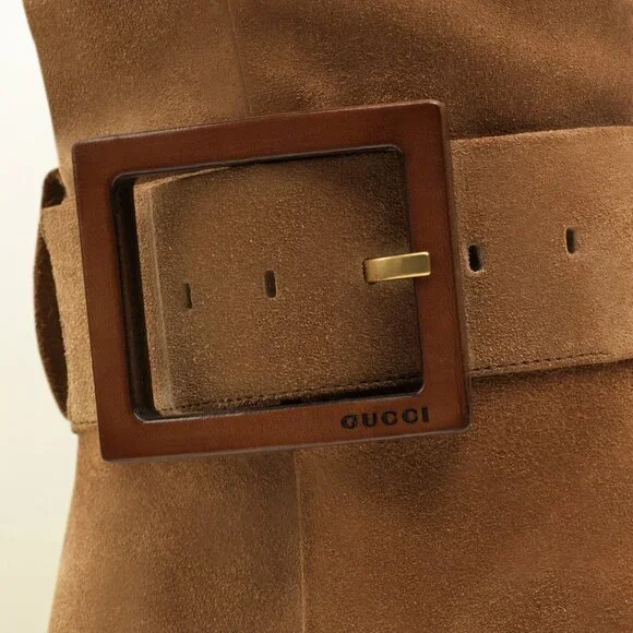 GUCCI BOOTS KESHA MAPLE SUEDE LEATHER MID HEEL LOGO BUCKLE